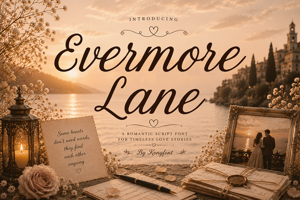 Evermore Lane - Romantic Script Font, a Script Font by overlaytemplates (Photo 1 of 5)