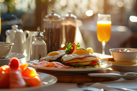 A hearty breakfast setup with eggs b, a Photo by LOGOCREATIVE
