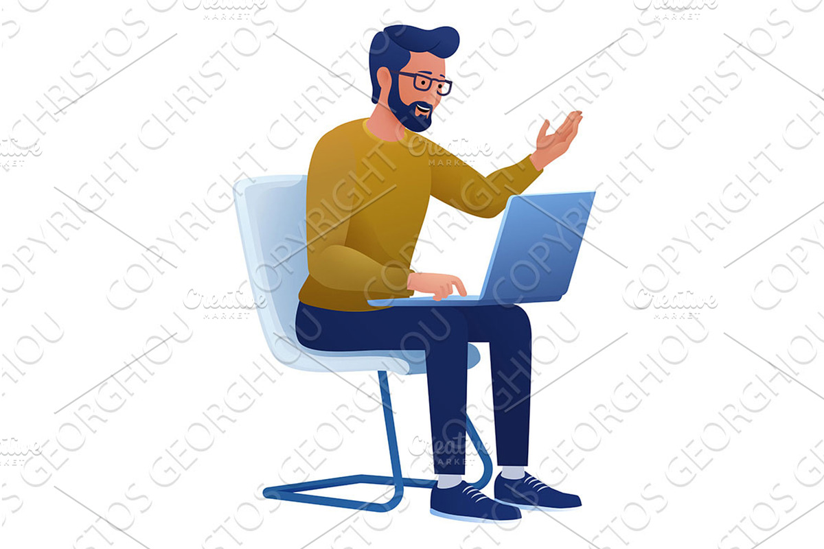 Man Using Laptop Computer Cartoon, a Person Illustration by Christos Georghiou