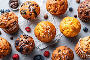 Assorted freshly baked muffins with berries, a Food & Drink Photo by AlyaAnd