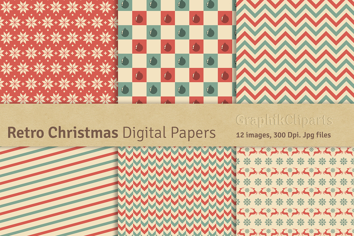 Retro Christmas Digital Papers preview 3