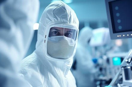 A man microbiologist in sterile clothing, an Abstract Photo by Natalia Klenova's Shop