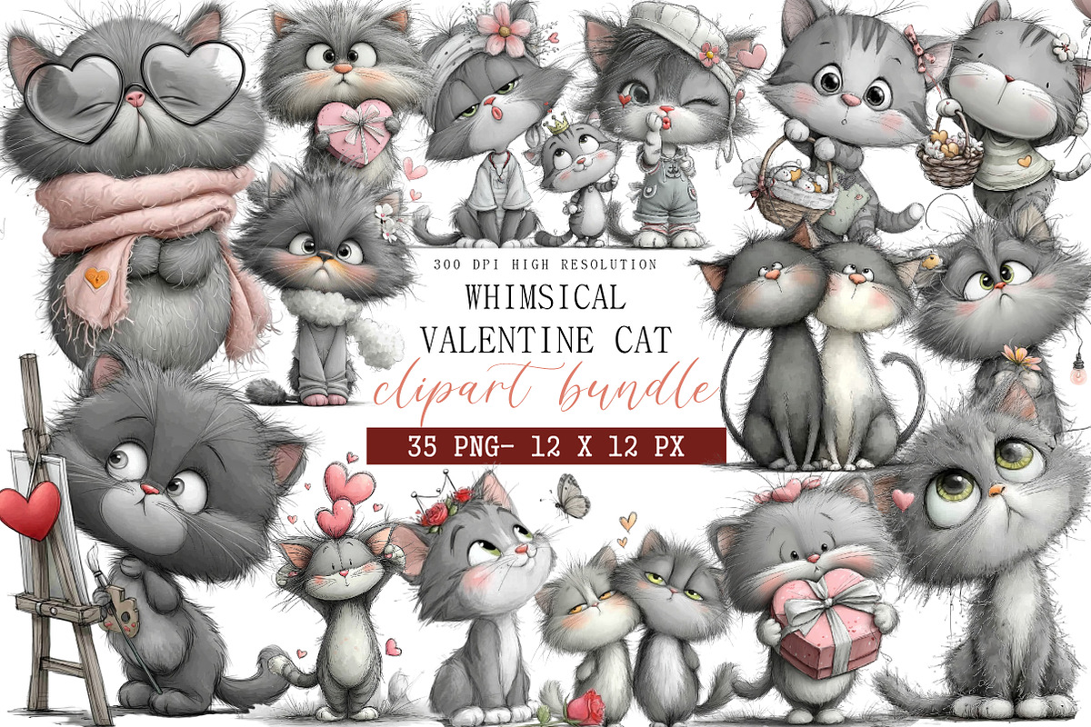 Whimsical Valentine Cat Clipart, an Illustration by DreamArtGraphic (Photo 1 of 4)