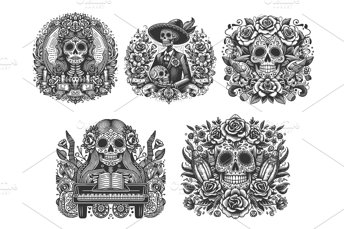 Day of the Dead Skull engraving, an Illustration by AlexArt