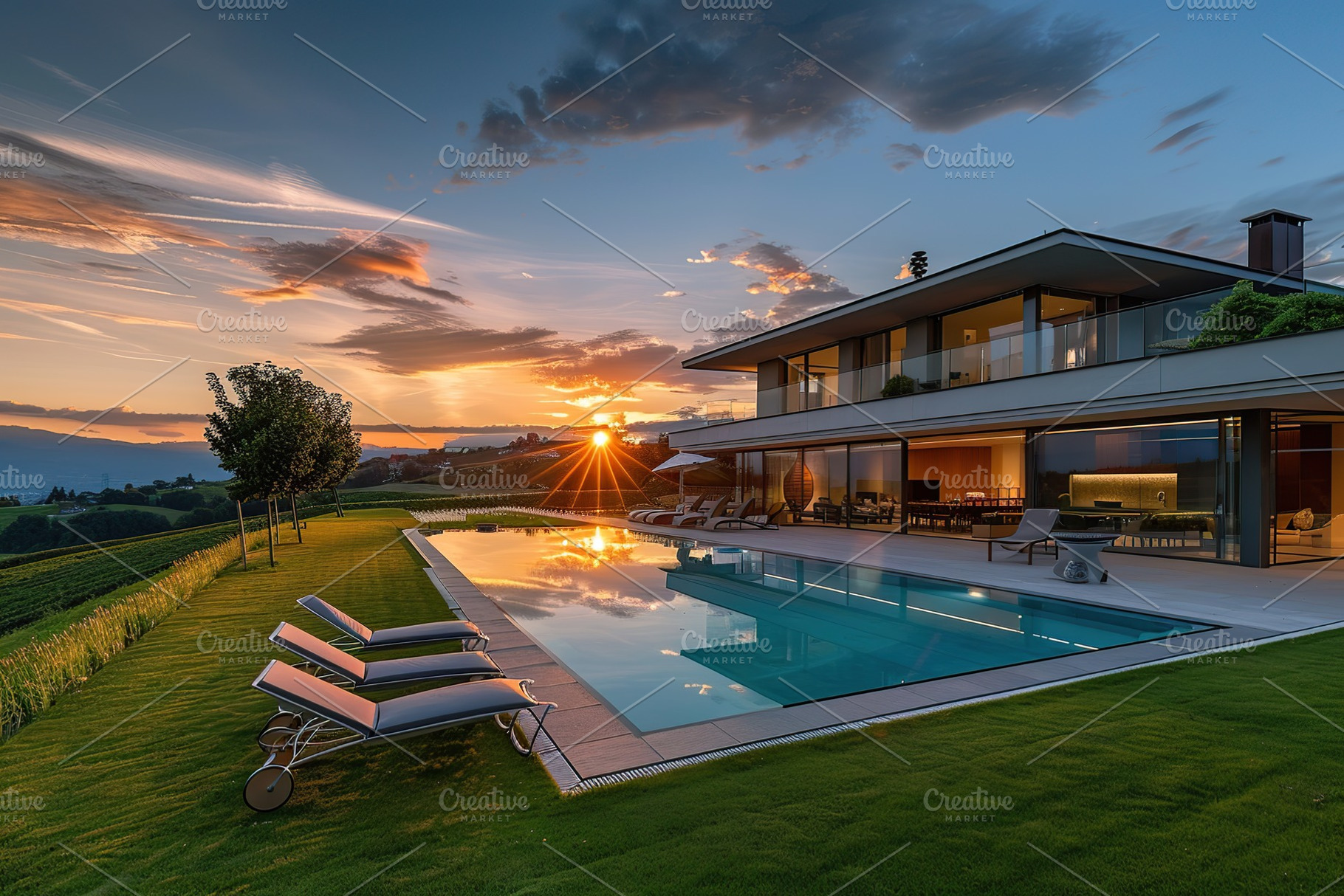 Modern house in suburb with beautiful green landscape and swimming pool, an Architecture Photo by AlyaAnd