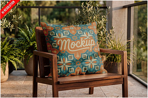Pillow Mockup Outdoor On Wooden PSD, a Household Mockup by Bruno's Shop