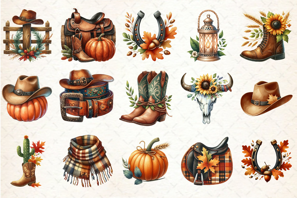 Watercolor Cowboy Autumn Clipart, an Illustration by Rose Art (Photo 2 of 7)