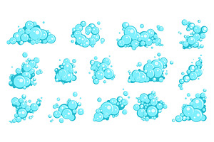 Cartoon flat blue soap foam bubbles, an Illustration by YummyBuum