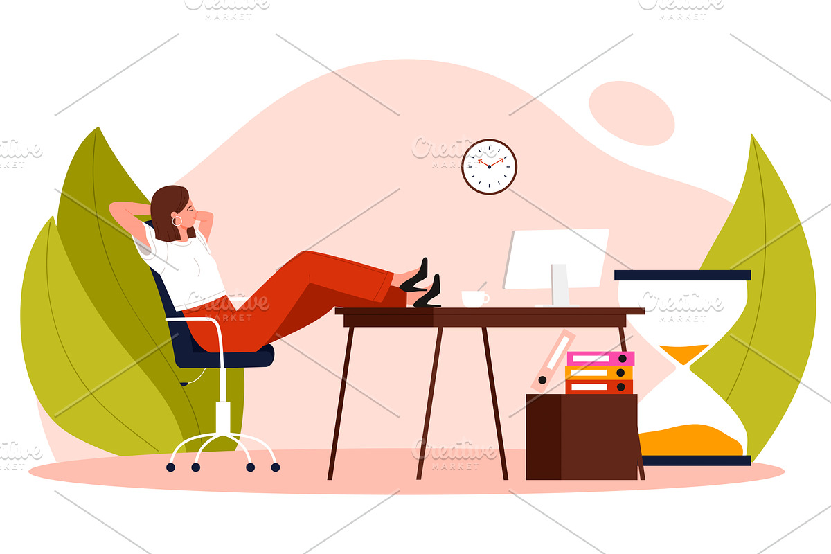 Woman Procrastinating at Office Desk, a Person Illustration by Flashvector