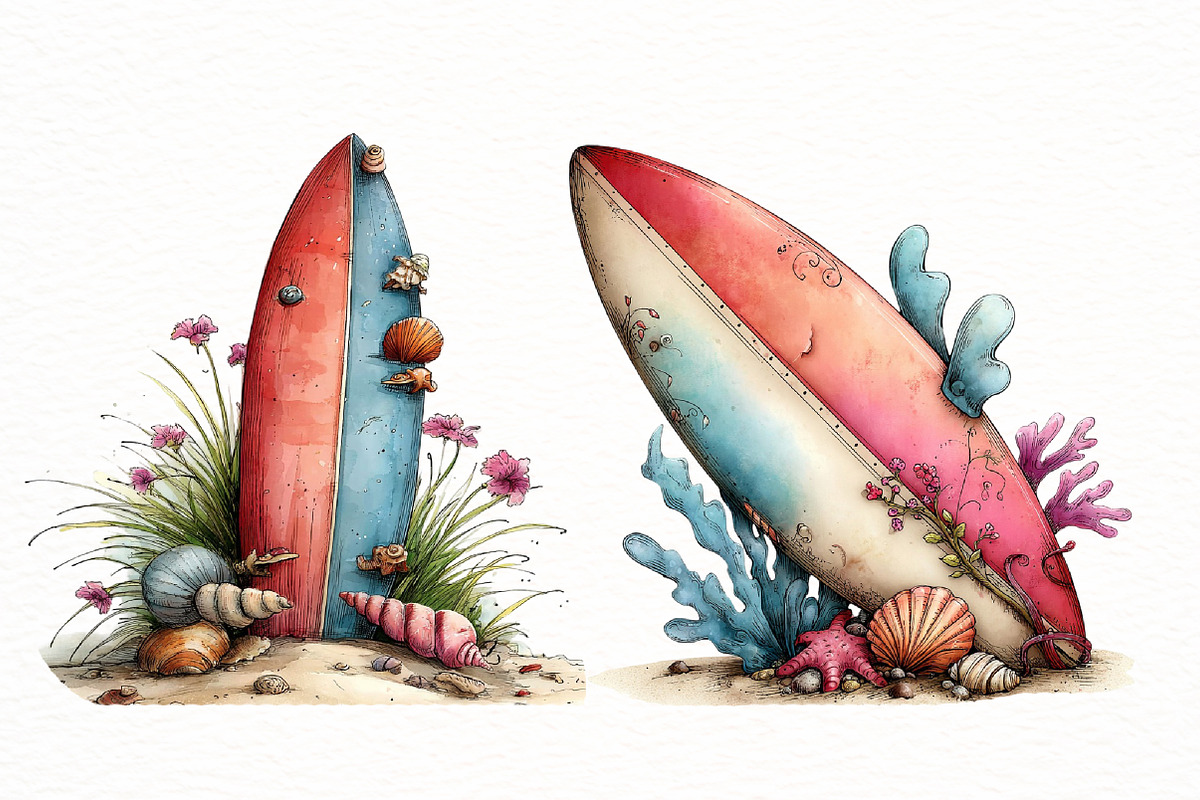 Whimsical summer surfboard clipart, an Illustration by Designworld (Photo 7 of 8)