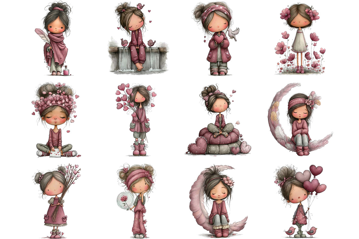 WHIMSICAL VALENTINE GIRL CLIPART, an Illustration by DreamArtGraphic (Photo 3 of 4)