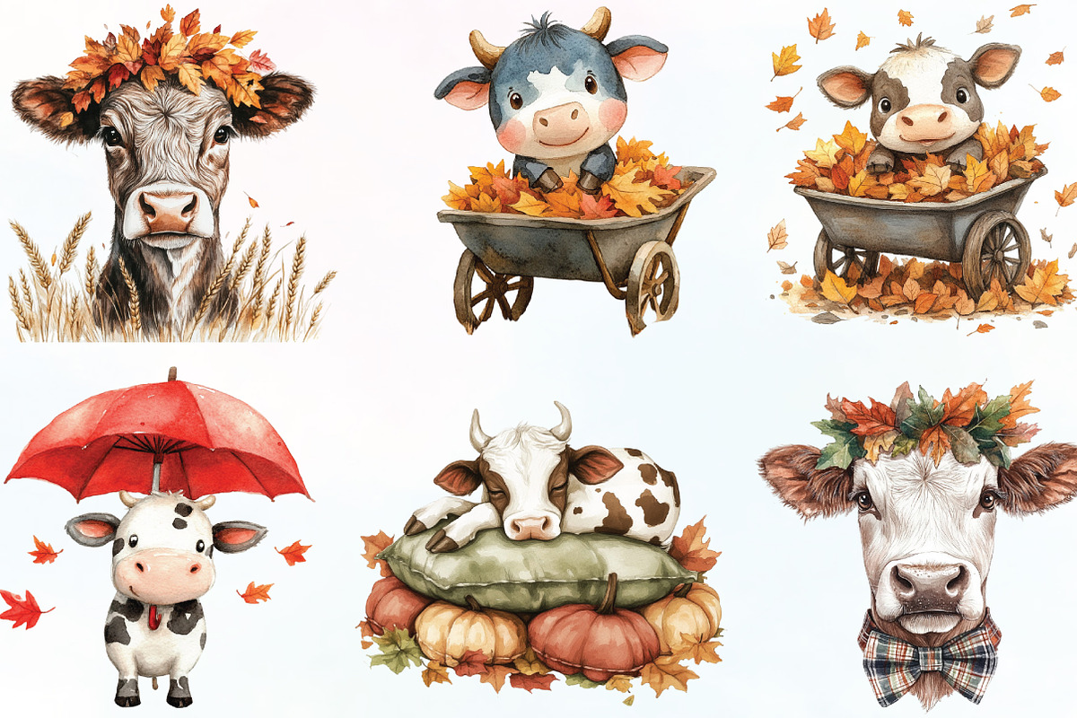 Watercolor Autumn Cow Clipart, an Illustration by CraftArtStudio (Photo 2 of 6)
