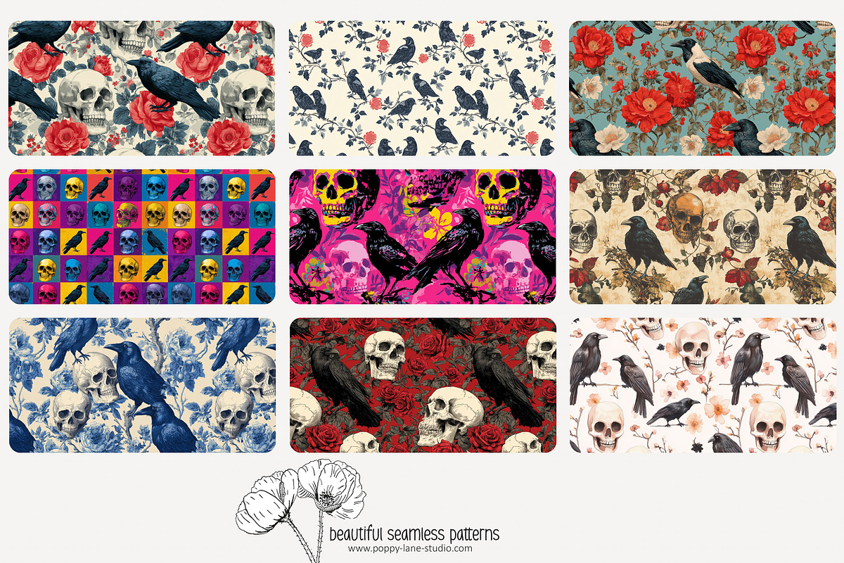 70 crows & skulls seamless pattern, a Pattern Graphic by Poppy Lane Studio (Photo 5 of 10)