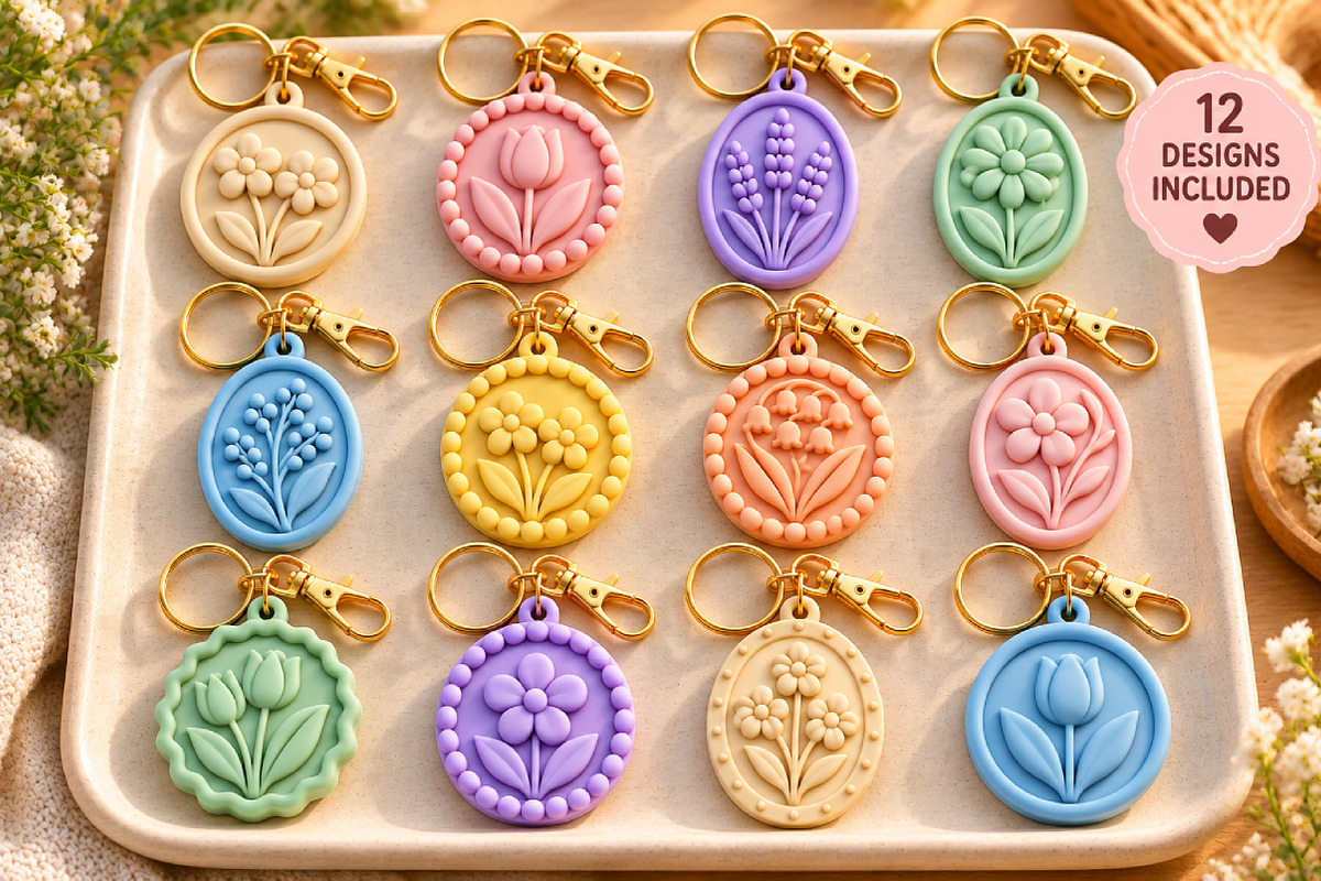 12 Flower Keychain STL Designs, an Object 3D Model by Layerology (Photo 1 of 3)