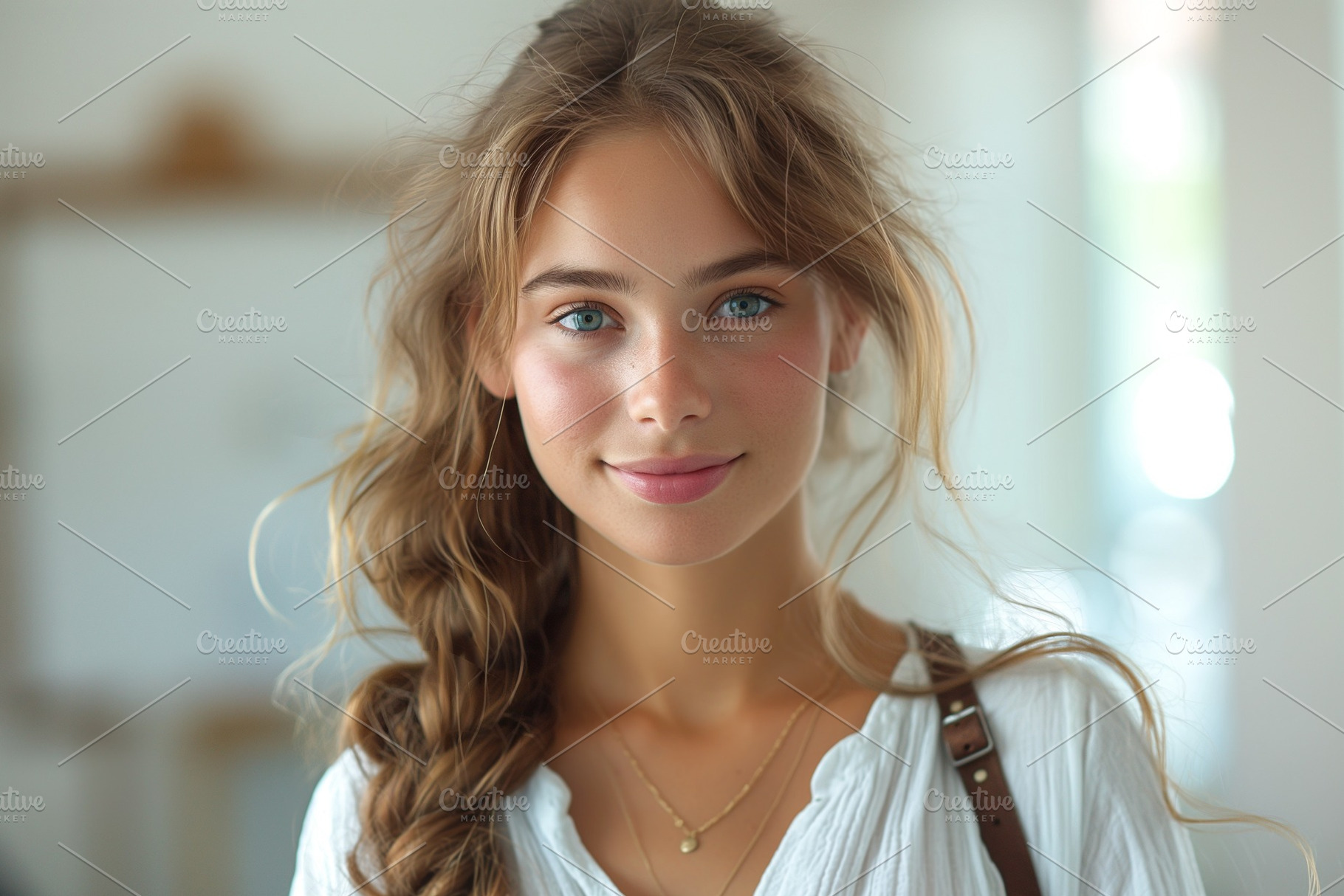 A young woman with long, wavy hair and bright blue eyes, exuding a warm smile i, a Person Photo by ImageMir