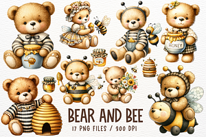 Bear and Bee Watercolor Clipart