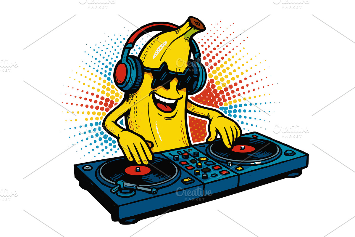 banana DJ spinning vinyl records, an Object Illustration by AlexArt