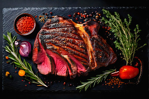 Grilled ribeye steak served with herbs and spices, a Food & Drink Photo by GoodGoods