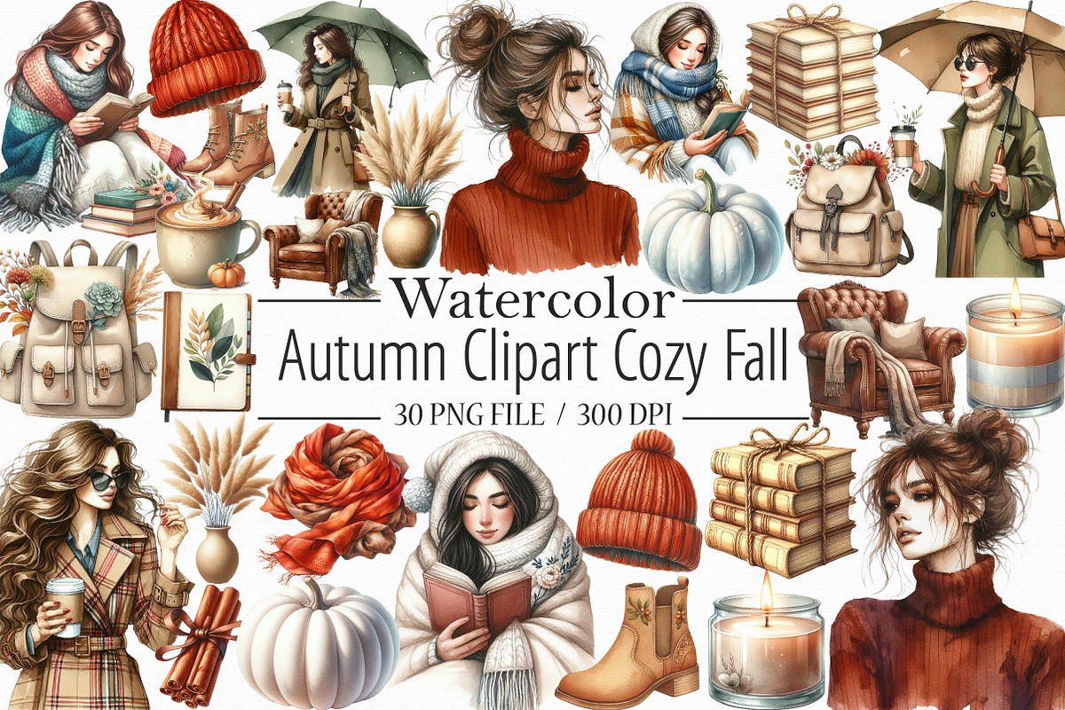 Autumn Clipart Cozy Fall Clipart, an Illustration by Libby Wishes (Photo 1 of 11)
