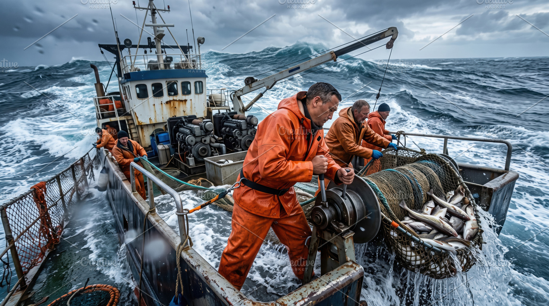 Commercial Fishermen Hauling a Catch at Sea, a Sports & Recreation Photo by Davizro's Market