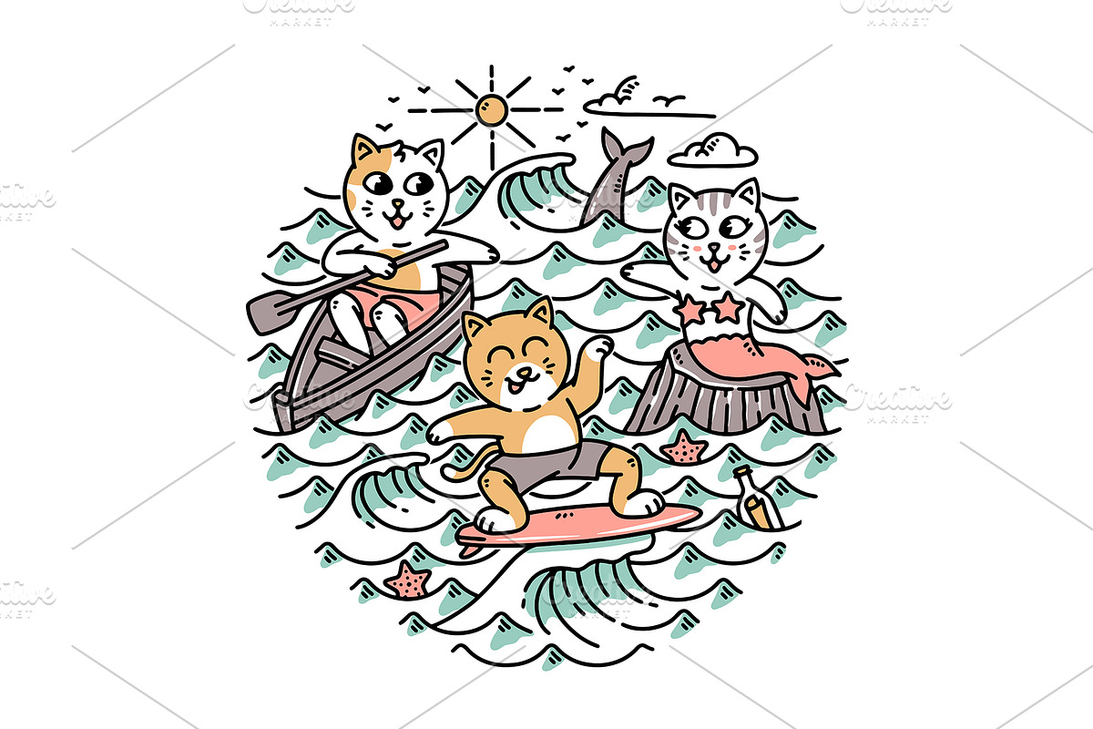 A group of cats in the sea, an Animal Illustration by gunaonedesign (Photo 1 of 4)
