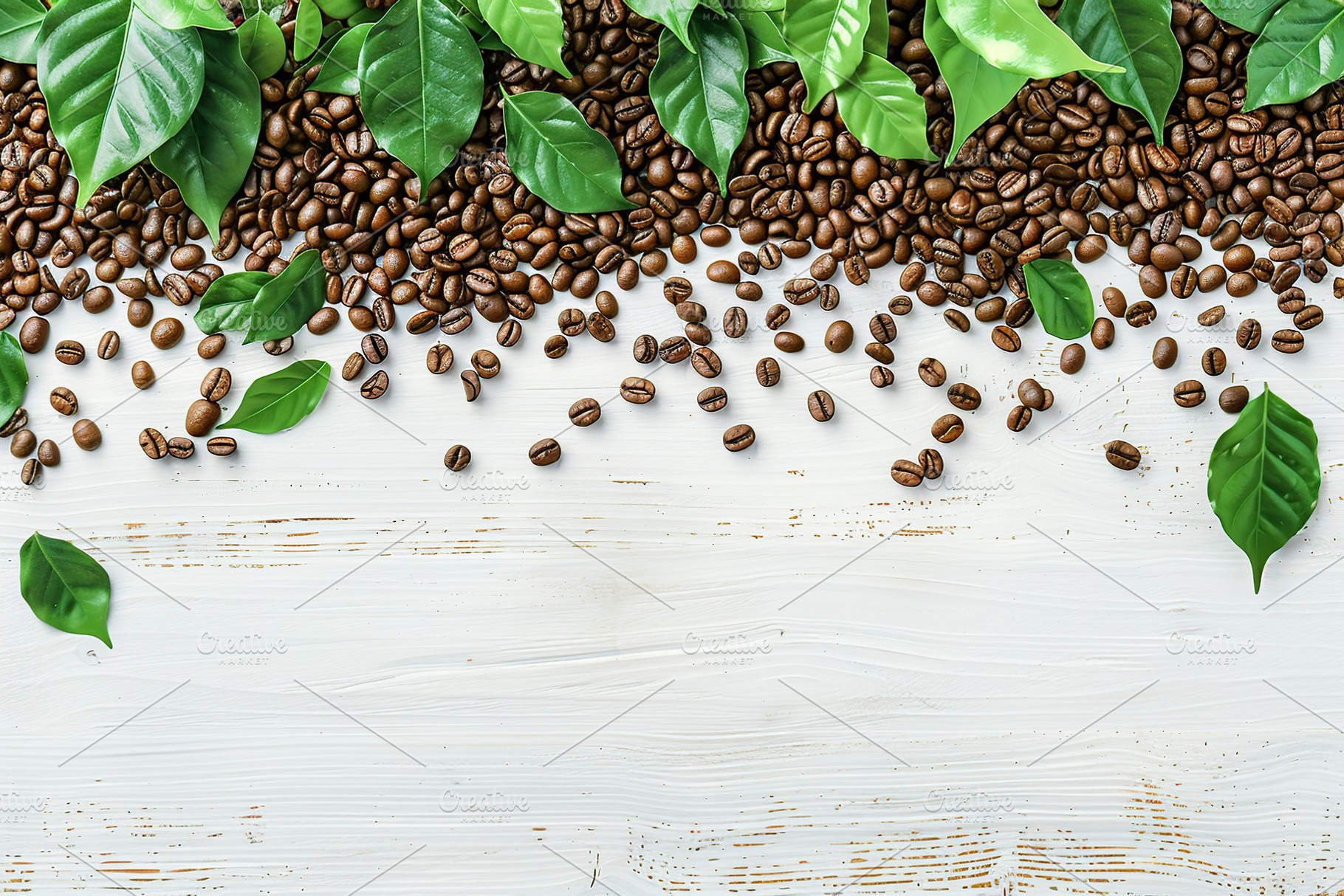 Flat lay of coffee beans with green leaves and copyspace on wooden table, a Food & Drink Photo by AlyaAnd