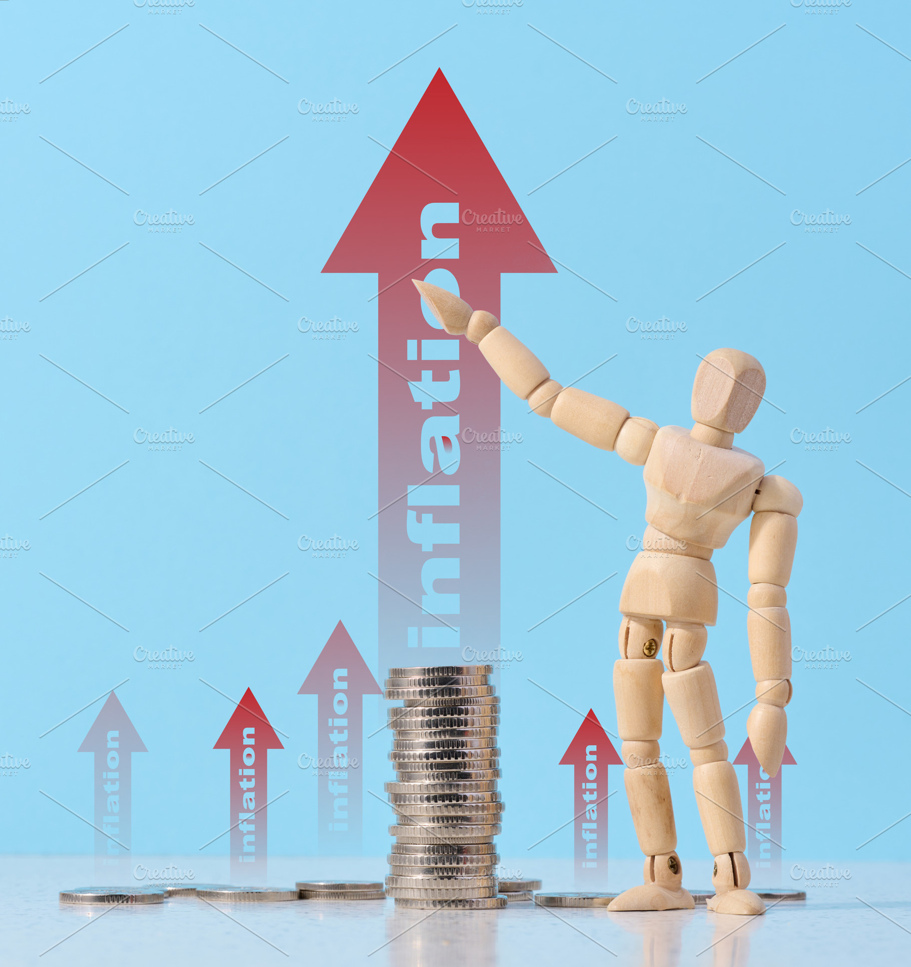A wooden mannequin points to a rising red arrow with the word in, a Business Photo by ndanko