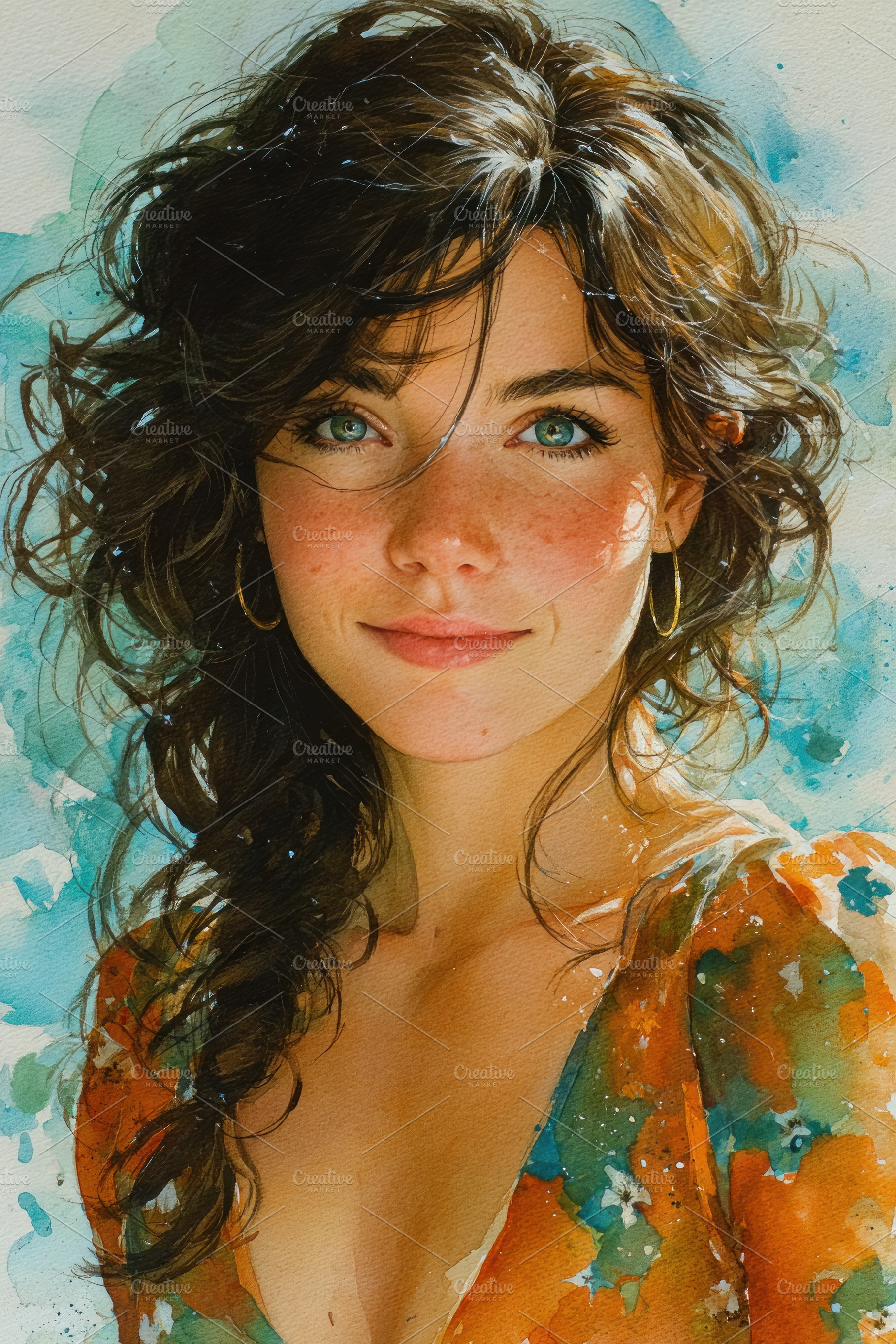Watercolor Portrait of Beautiful Freckled Woman with Braided Cur, a Person Photo by José Manuel Gelpi