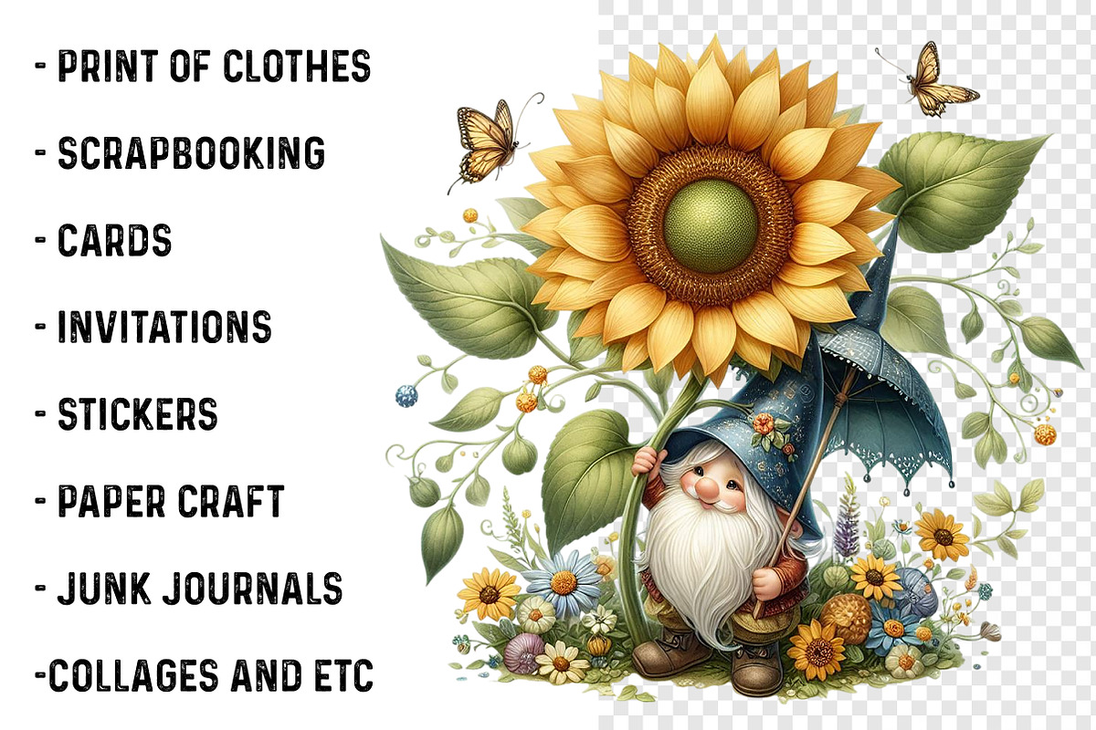 Watercolor Sunflower Gnomes Clipart, a Transportation Illustration by SinaCreation (Photo 3 of 9)