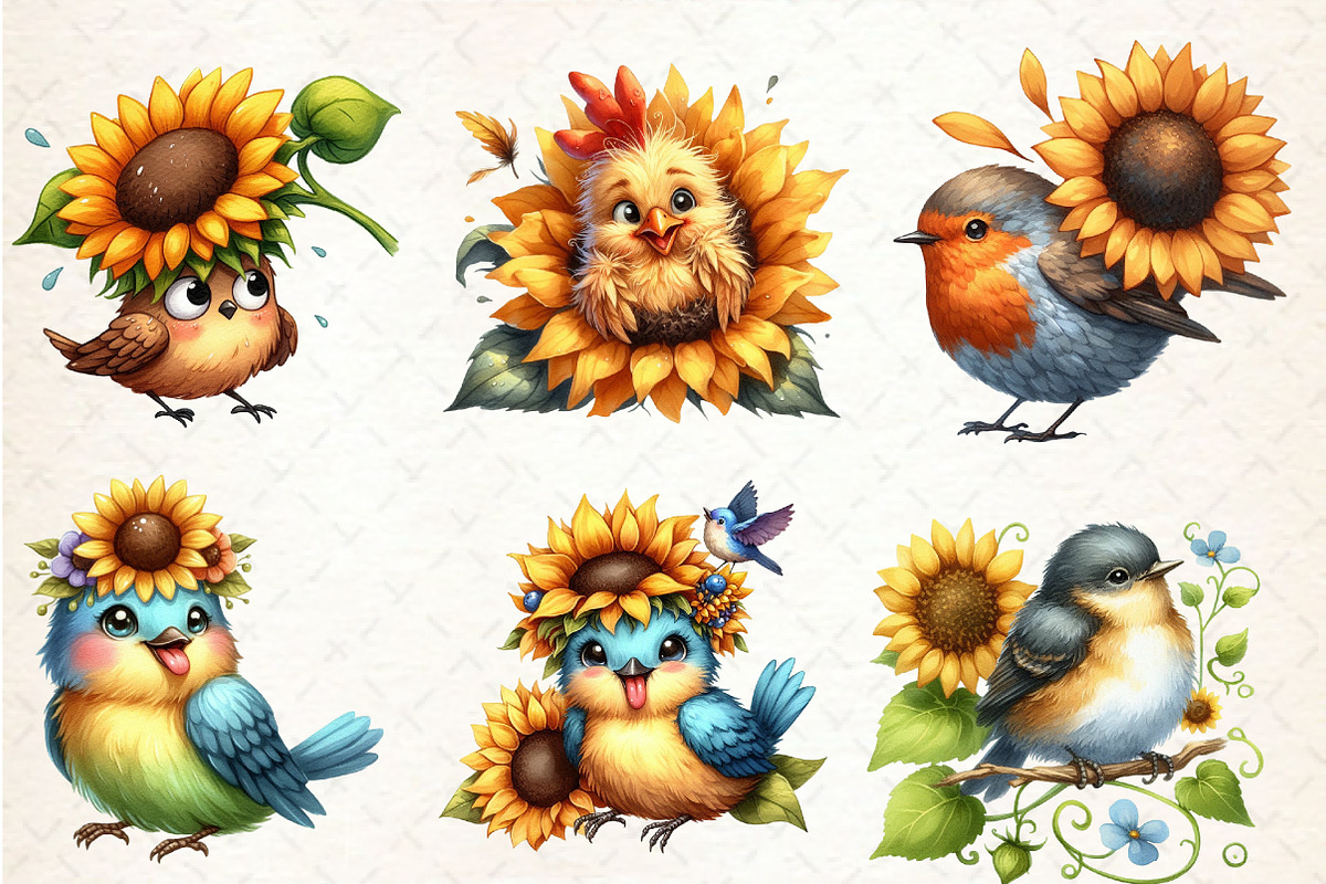 Funny Bird & Sunflower Clipart, an Illustration by Rose Art (Photo 2 of 7)