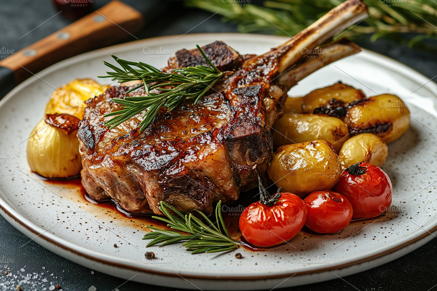 Luxurious gourmet dish featuring rich meat and fresh vegetables on a beautifull, a Food & Drink Photo by AlyaAnd