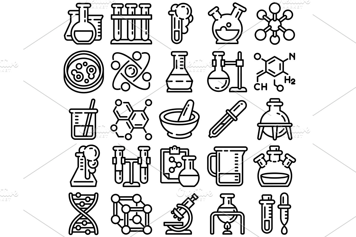 Chemistry icon set, outline style, an Illustration by Ylivdesign