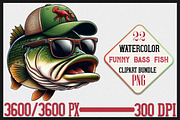 Watercolor Funny Bass Fish PNG, a Seasonal Illustration by Craft Nest (Thumbnail 1 of 6)