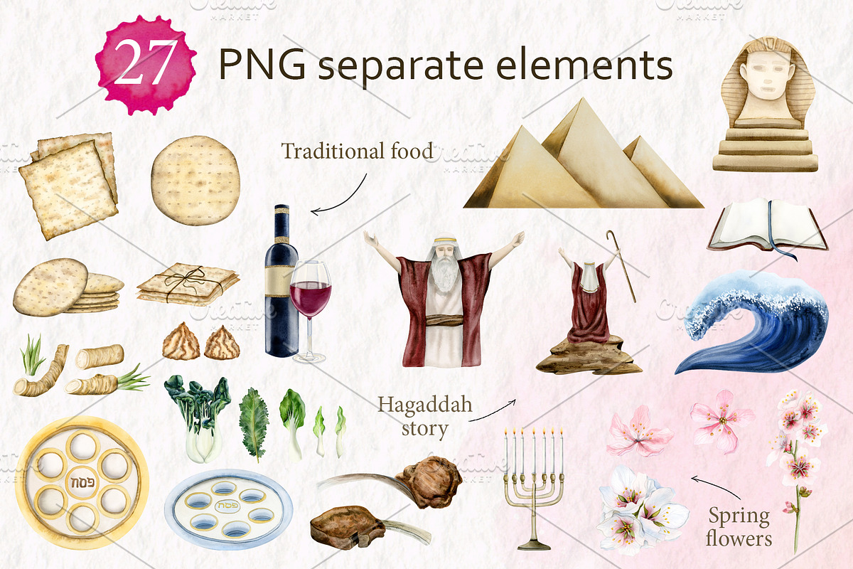 Passover 2025 Watercolor Pesach, a Seasonal Illustration by Elena Malgina Clipart (Photo 2 of 10)