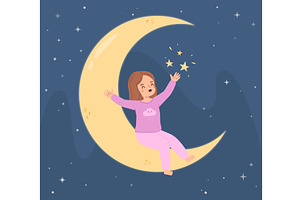 Happy child sitting on crescent in, a Person Illustration by Valerie Bodnar