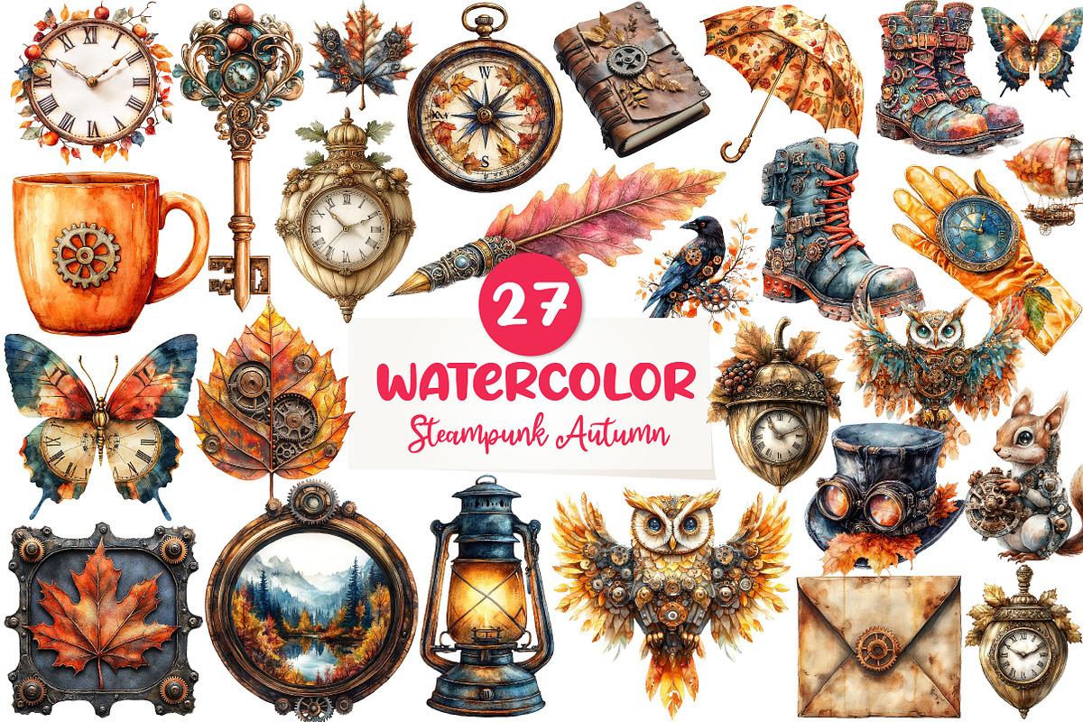 Steampunk Autumn Clipart, an Illustration by CreationArt (Photo 1 of 5)