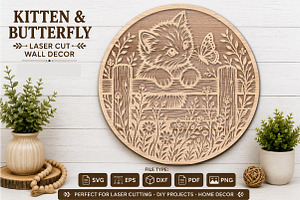 Cute Kitten & Butterfly Laser Cut, an Object Graphic by Rose Art