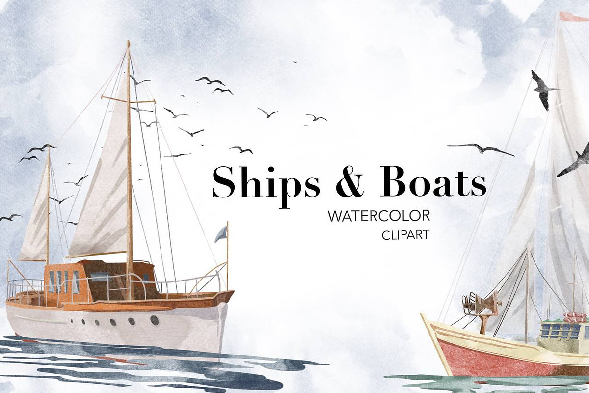 Watercolor Boats Sea Ocean Clipart, an Illustration by NKTKNS (Photo 1 of 7)