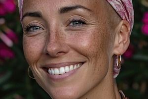 Smiling woman with pink headscarf in flower garden, a Person Photo by José Manuel Gelpi