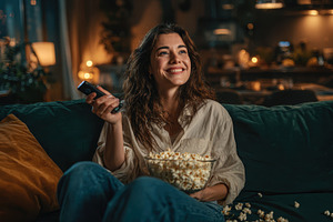 Woman enjoys movie night popcorn rem, a Photo by Pixeness Studio