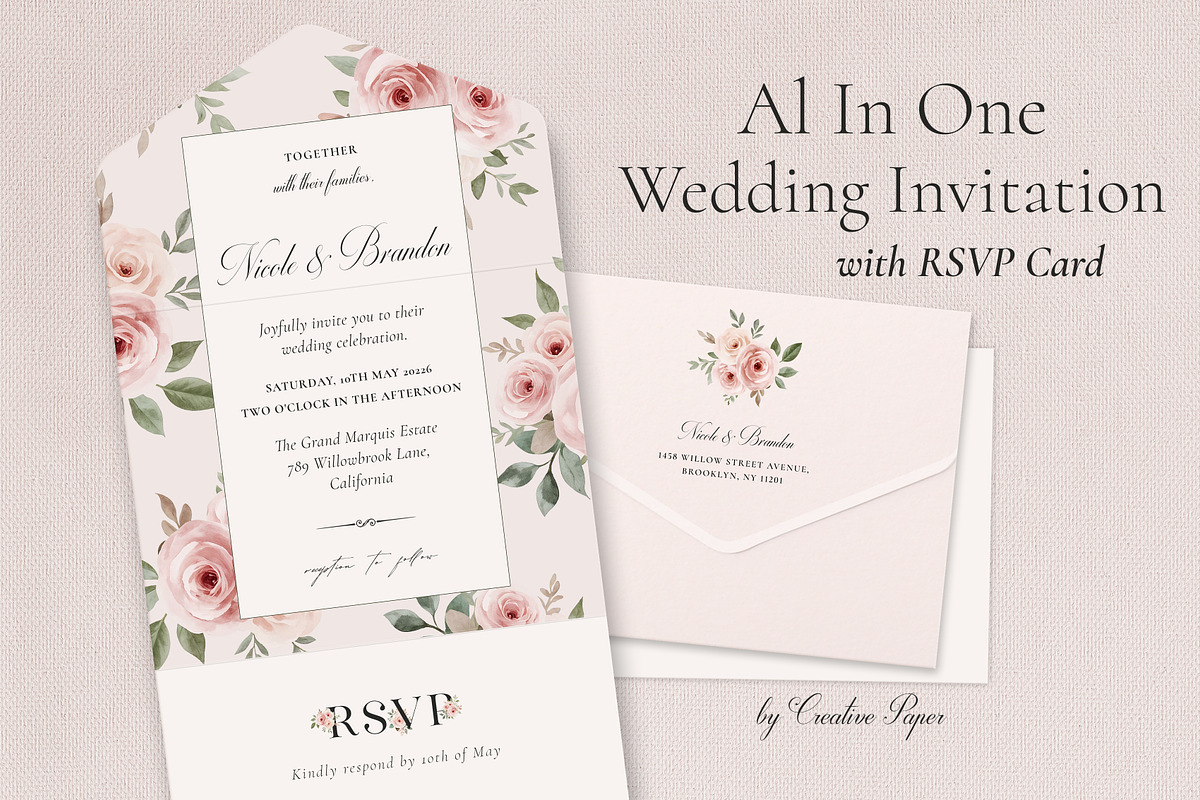 Pink Roses All-In-One Wedding Invite, a Background Graphic by by creative paper (Photo 2 of 4)