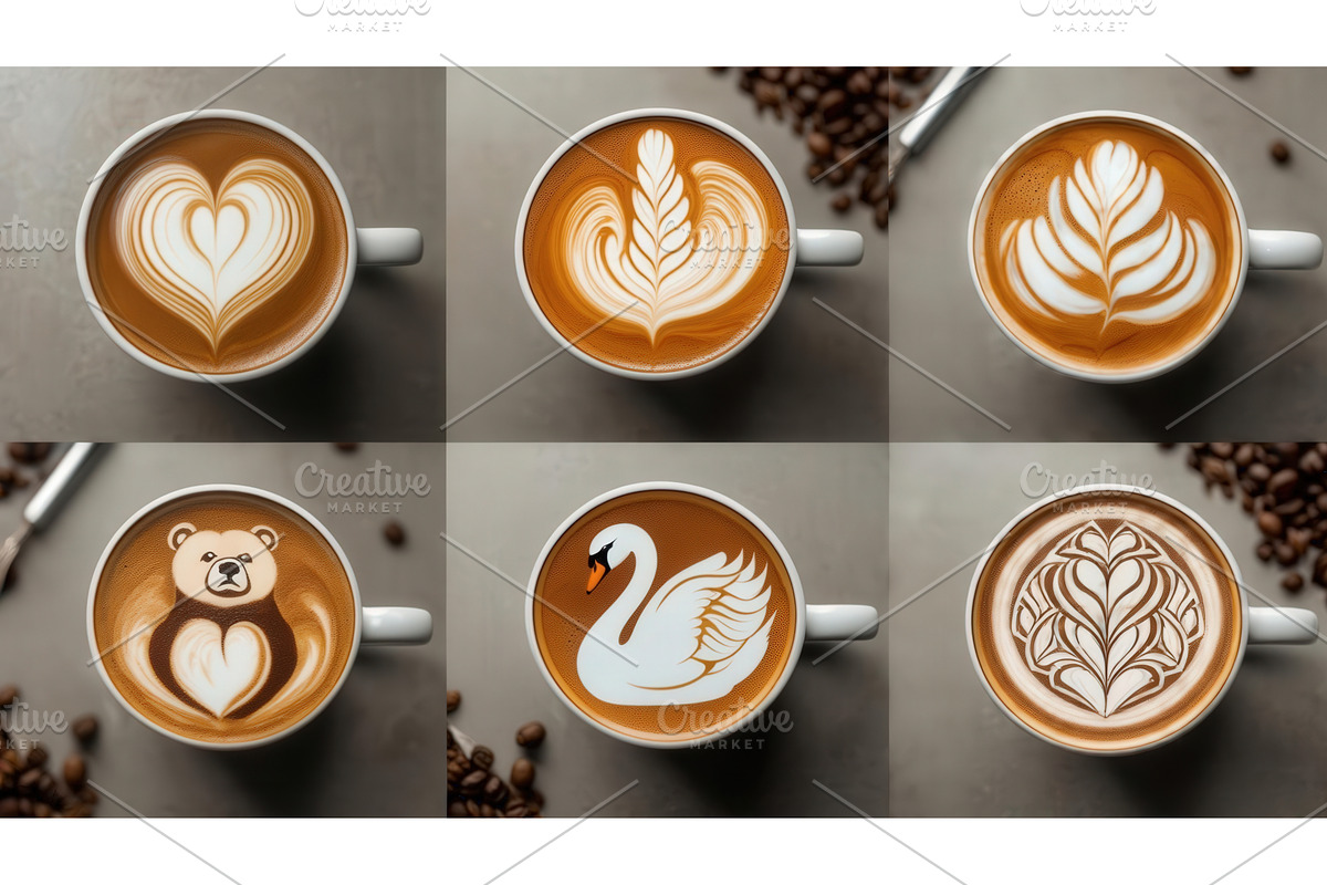 Collection of six artistic latte art, an Illustration by tilialucida