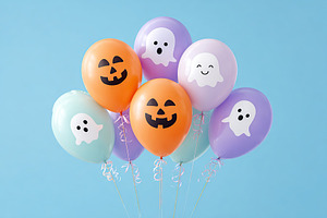 Colorful Halloween balloons featuring ghost and pumpkin designs against light b, a Holiday Photo by AlyaAnd