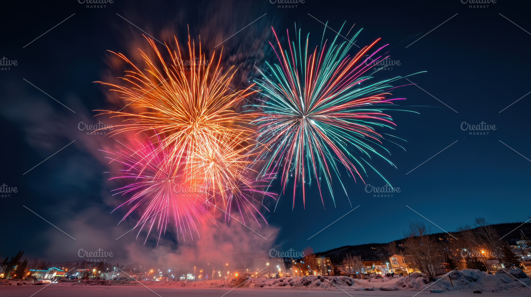Colorful fireworks display over snowy landscape, a Holiday Photo by AlyaAnd