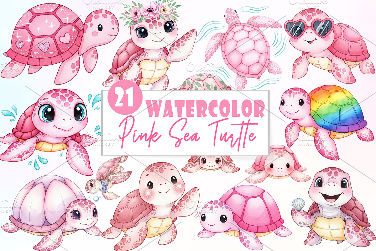 Pink Sea Turtle Clipart PNG, an Illustration by Watercolor design (Photo 1 of 6)