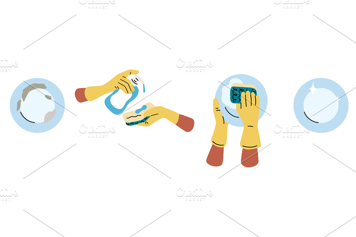 Steps for washing dirty dishes with, an Object Illustration by Vectorbuum