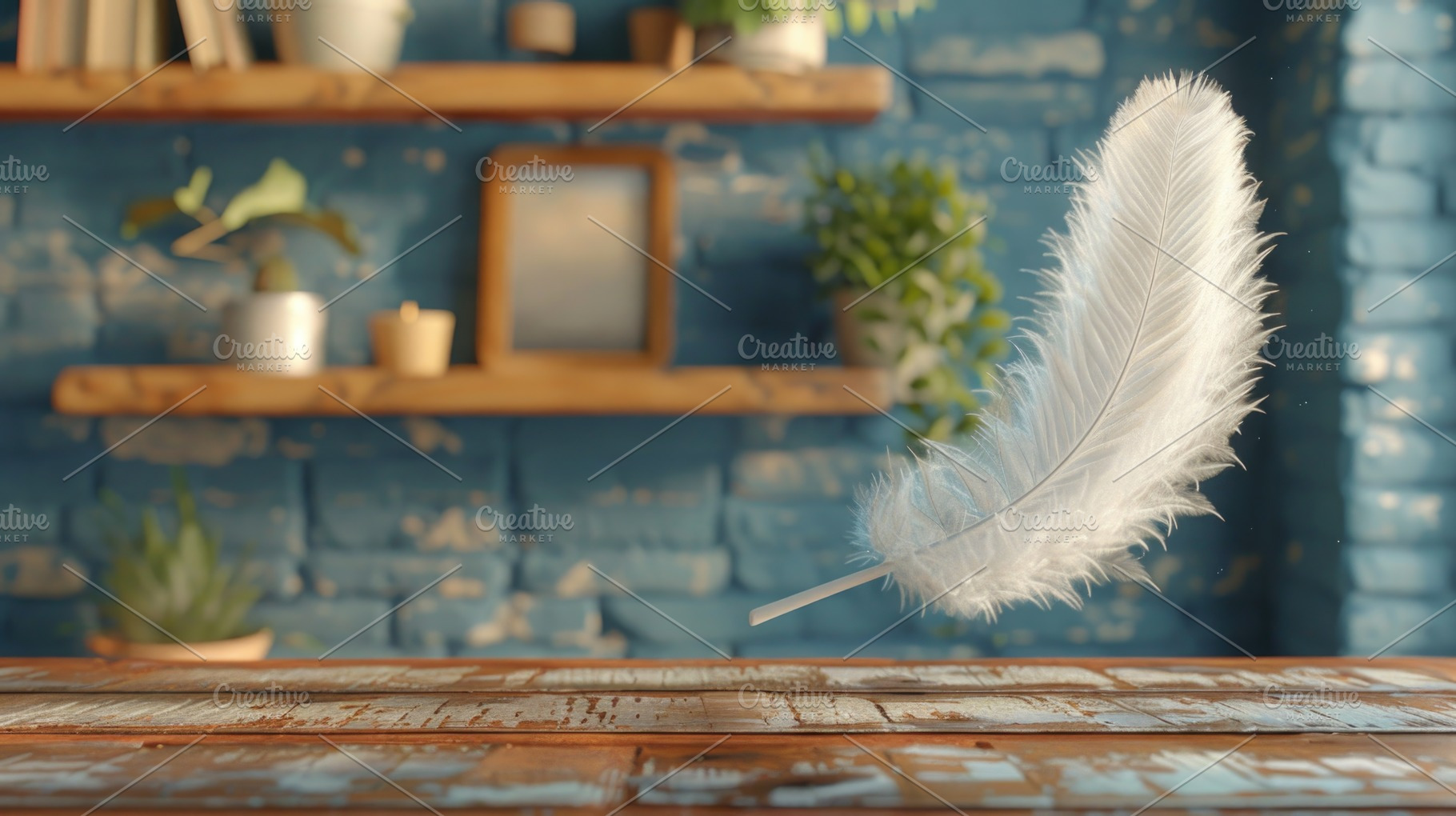 Floating White Feather in Cozy Interior with Rustic Blue Backgro, a Background Photo by José Manuel Gelpi