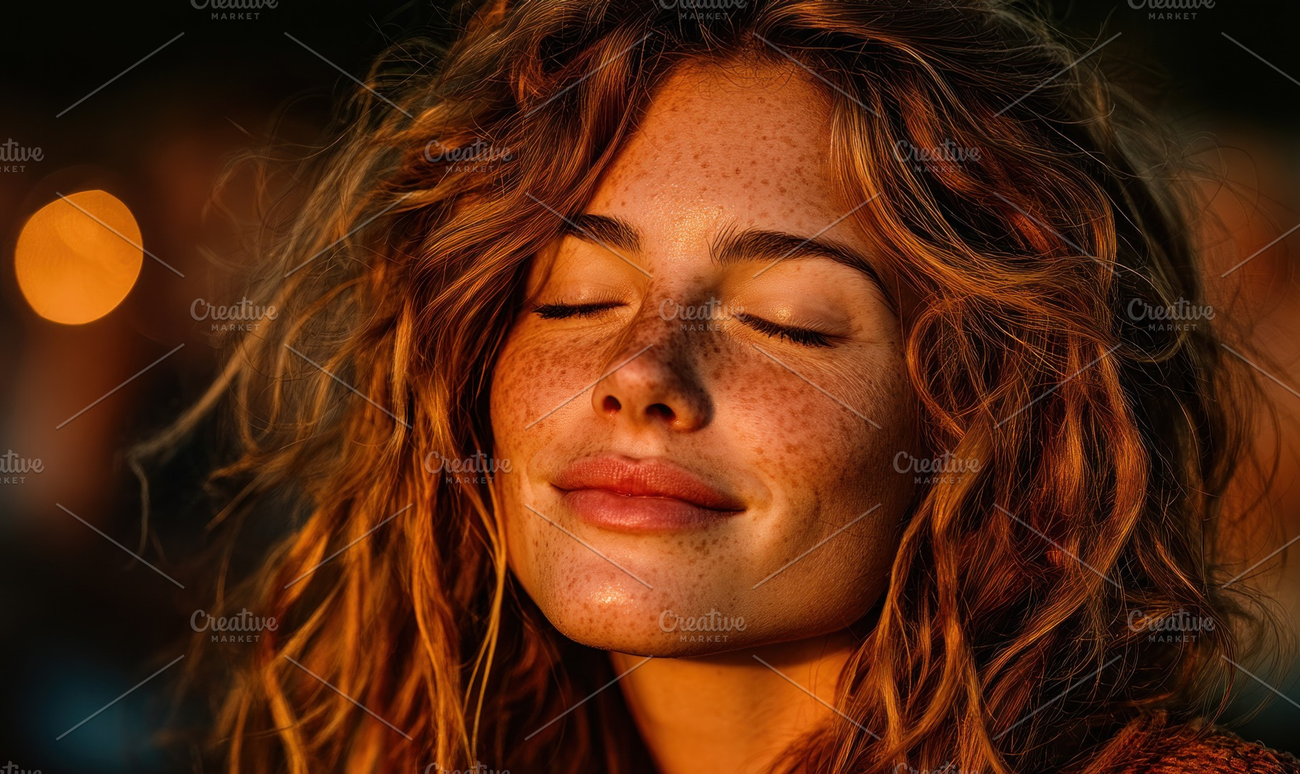 Peaceful young woman with freckles and wavy hair enjoying golden, a Person Photo by José Manuel Gelpi