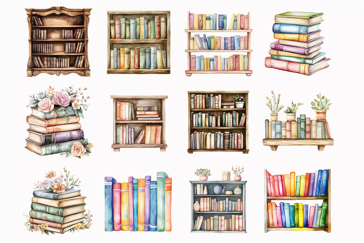 Watercolor Bookshelf Clipart, an Illustration by Design Market (Photo 4 of 4)