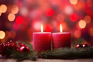 Red Christmas candles burning brightly, adorned with pine branch, a Holiday Photo by Mashimara